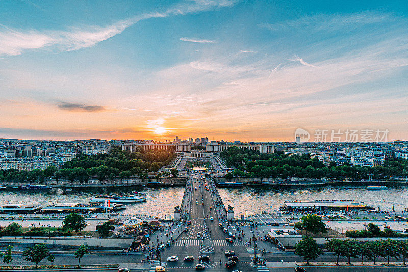 High Angle from the Eiffel Tower: Seine River, Pont d'Iéna, and the Trocadero in Paris, France